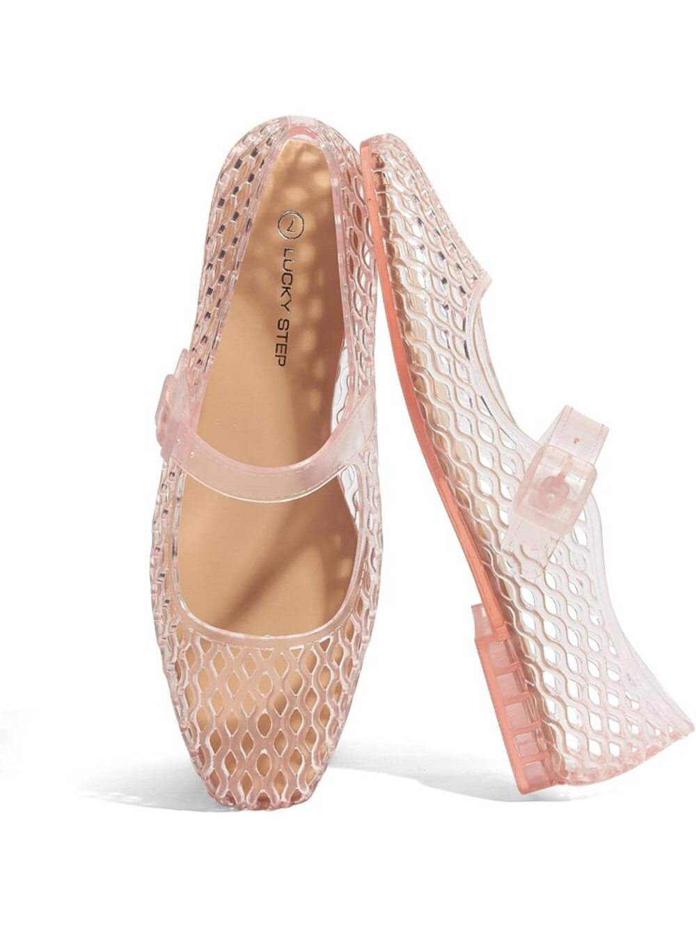Women's Pink Mesh Mary Jane Jelly PVC Buckle Strap Casual Ballet Flats Sandals